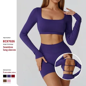 Haut de Yoga Sans Couture pour Femmes Dos Nu Ajouré Manches Longues T-Shirt de Fitness Sport Coupe Ajustée Crop Top