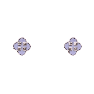 Silver flower stud earrings with purple enamel and zircon inlay on white background