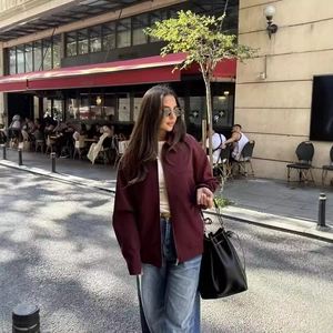 Women Vintage Jacket And Pleated Shorts Burgundy Lapel Zipper Coat Drawstring Waist Casual Woven Outfits