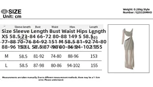 Detailed size chart for the one-shoulder glitter evening dress with split and long sleeve