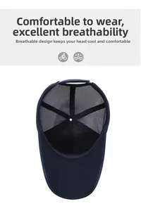 Détails de la casquette en maille bleu marine montrant l'aération et les icônes