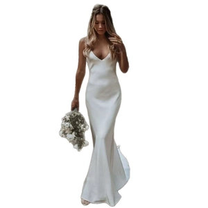 Elegant white satin wedding dress with deep V-neck, sleeveless backless mermaid silhouette