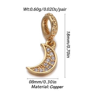Detailed macro view of 18mm gold plated crescent moon pendant with crystal inlay and dimensions