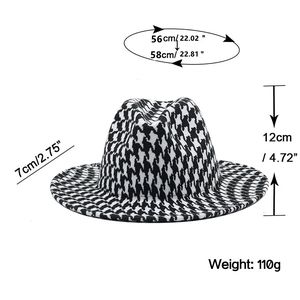 Houndstooth wool fedora hat with size guide showing 56cm 58cm head circumference