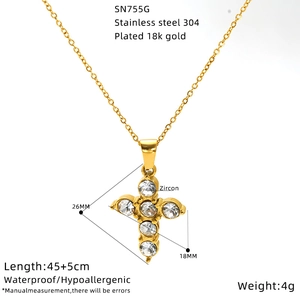 Detailed view of 18K gold plated stainless steel cross necklace with zircon stones