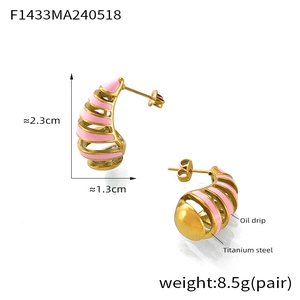 Detail of pink oil drip titanium steel earrings with geometric cutout and dimensions