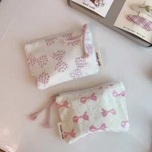 Floral cotton pouch with bow pattern and zipper for cosmetics and earphones