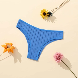 Blue ribbed cotton low-waist Brazilian panties with high elastic waistband for women
