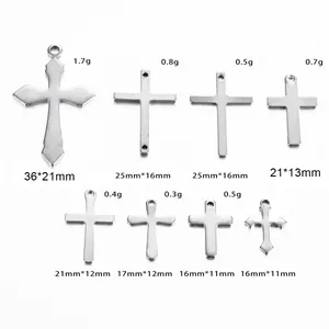 Size specifications for eight different stainless steel cross pendants in various dimensions