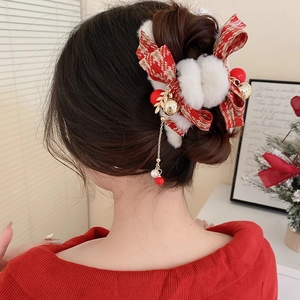 Festive red and white plaid hair clip with golden chain tassels and bell charms for women