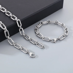Silver double-layered paperclip chain set featuring a necklace and bracelet in titanium steel