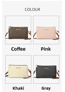 Polka dot crossbody bags displayed in brown, pink, khaki, and gray color options