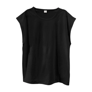 Detailed flat lay of a black 100% cotton sleeveless tank top with white size M neck label