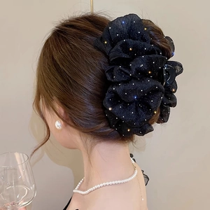Pince à cheveux fleur en tulle noir élégante avec paillettes sur le côté