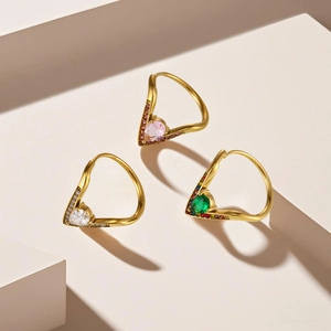 Bagues en acier inoxydable en V ajustables avec zircon 5A en or, rose et vert