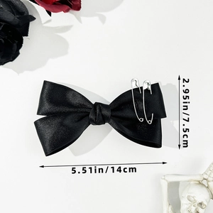 Gothic black satin bow hair clip with silver safety pins and exact size measurements