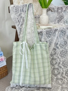 Green plaid tote bag with white lace bow and vintage aesthetic for women