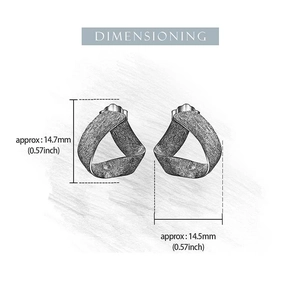 Detailed dimensioning chart for twisted triangle silver stud earrings measuring 14.7mm by 14.5mm
