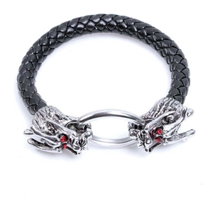 Men's leather braided bracelet featuring silver dragon heads with red eyes on white background