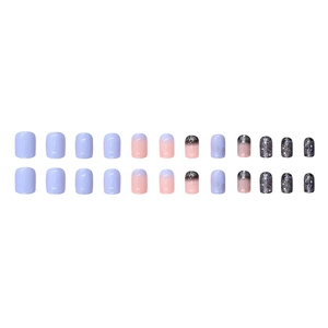 Short round fake nails set with misty blue glitter and purple gradient finish