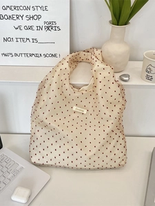 Large beige organza tote bag with red polka dots and Sonakka label for casual daily commute