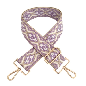 Ethnic purple and beige jacquard shoulder strap with golden metal hardware and hooks