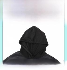 Detail view of the black hooded cloak showing the high-quality fabric and hood design