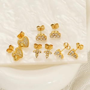 Golden stainless steel earring set with heart, crown, and cross shapes with zircon studs