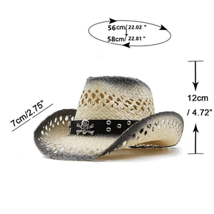 Handmade raffia western cowboy hat with black gradient finish and skull metal ornament