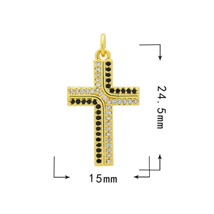 18k gold plated cross pendant with black and white zircon pavé, size 24.5x15mm