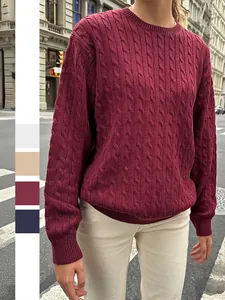 Women Crew Neck Cable Knit Sweater Loose Long Sleeve Solid Color Pullover Casual Warm Soft Knitwear Top
