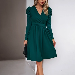 Elegant dark green V-neck A-line dress with long puff sleeves for women style