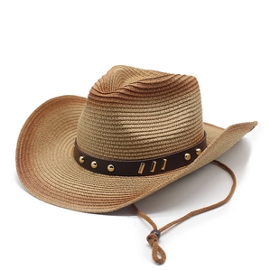 Cappello Da Cowboy In Paglia Tesa Larga Protezione Solare Cinturino Sottogola Regolabile Fascia In Similpelle Borchie Decor Rétro