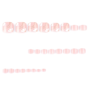 Fresh white petal design press-on toe nails with gold glitter and soft pink finish