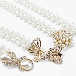 Elegant pearl waist chains with crystal butterfly and flower metal buckles for dresses