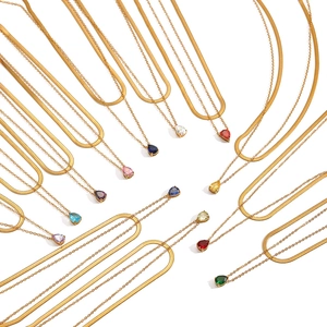 Gold stainless steel teardrop zircon birthstone necklaces in multiple colors for women