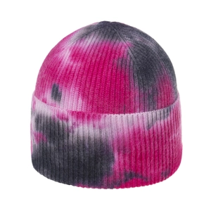 Tie-dye ribbed knit beanie in vibrant pink and grey gradient with wide folded cuff