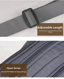 Detail of adjustable nylon strap buckle and quilted gray fabric with smooth PVC trim