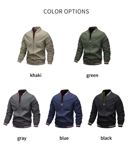 Men's baseball jackets in khaki, green, gray, blue and black with striped ribbed collars
