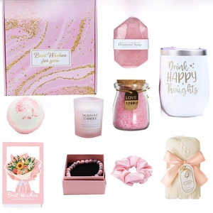 Detailed items of lavender spa gift set including 16oz tumbler, soap and bath bomb