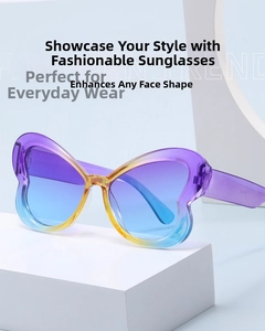 Detailed macro view of trendy butterfly sunglasses with gradient purple and blue frames