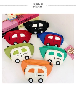 Detailed top view of colorful cartoon car chest bags for kids in six vibrant variations
