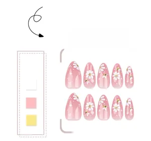 Detail of short almond press-on nails featuring little bees, daisies, and star patterns