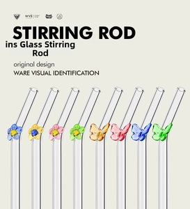 Set of 8 reusable glass straws with colorful glass butterfly and flower decorations