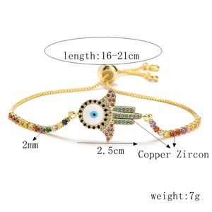 Detailed view of adjustable Evil Eye bracelet with colorful zircon and dimensions