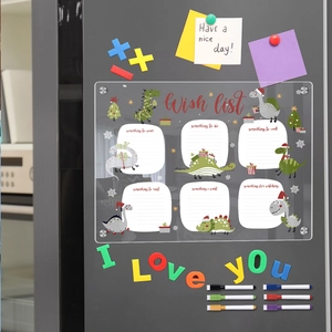 Detail of acrylic weekly planner for fridge with colorful dinosaur art and dry erase markers