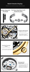 Detail view of skeleton mechanical watch with leather and stainless steel strap options