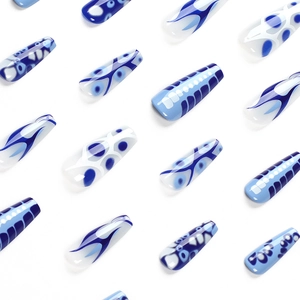Blue and white marble flame pattern ballerina coffin press-on nails set with long trapezoid shape