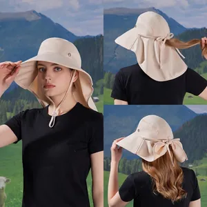 Women Outdoor Wide Brim Sun Hat Polyester Breathable Neck Protection Ponytail Hole Windproof Drawstring Hiking Bucket Hat