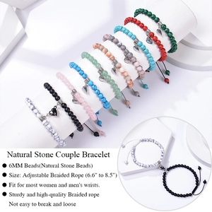 Adjustable 6mm natural stone couple bracelets with magnetic heart charm on white stands